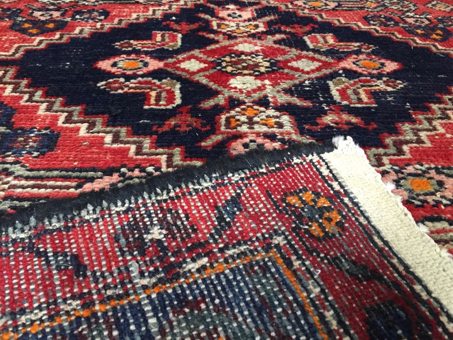 Hand Knotted Wool Persian Area Rug With Geometric Patterns Reds Blues [Photo 12]