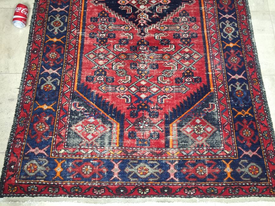Hand Knotted Wool Persian Area Rug With Geometric Patterns Reds Blues [Photo 9]