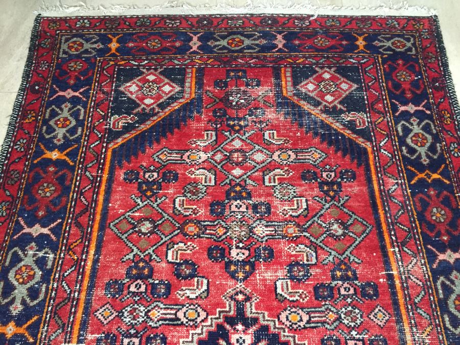 Hand Knotted Wool Persian Area Rug With Geometric Patterns Reds Blues [Photo 8]