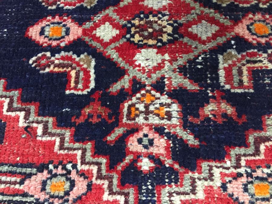 Hand Knotted Wool Persian Area Rug With Geometric Patterns Reds Blues [Photo 10]
