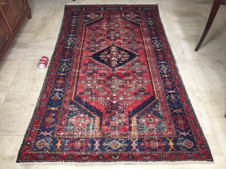 Hand Knotted Wool Persian Area Rug With Geometric Patterns Reds Blues