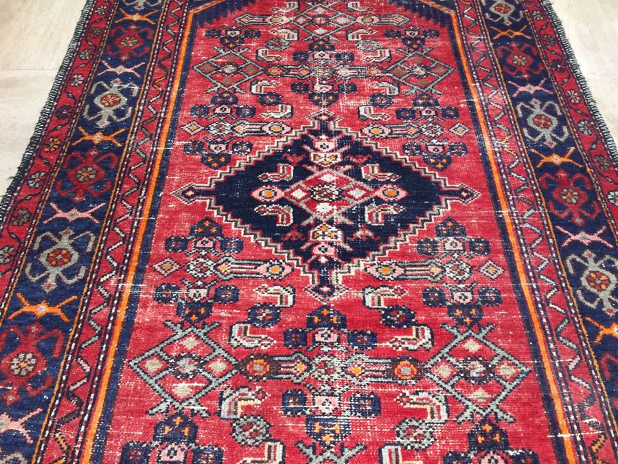 Hand Knotted Wool Persian Area Rug With Geometric Patterns Reds Blues [Photo 6]