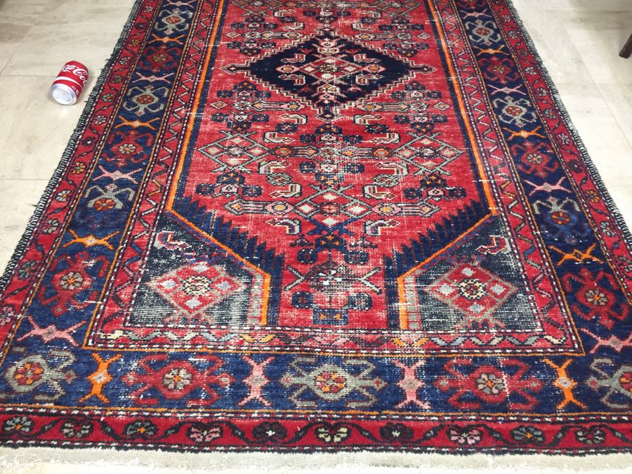 Hand Knotted Wool Persian Area Rug With Geometric Patterns Reds Blues [Photo 5]