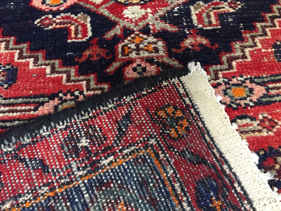 Hand Knotted Wool Persian Area Rug With Geometric Patterns Reds Blues [Photo 3]