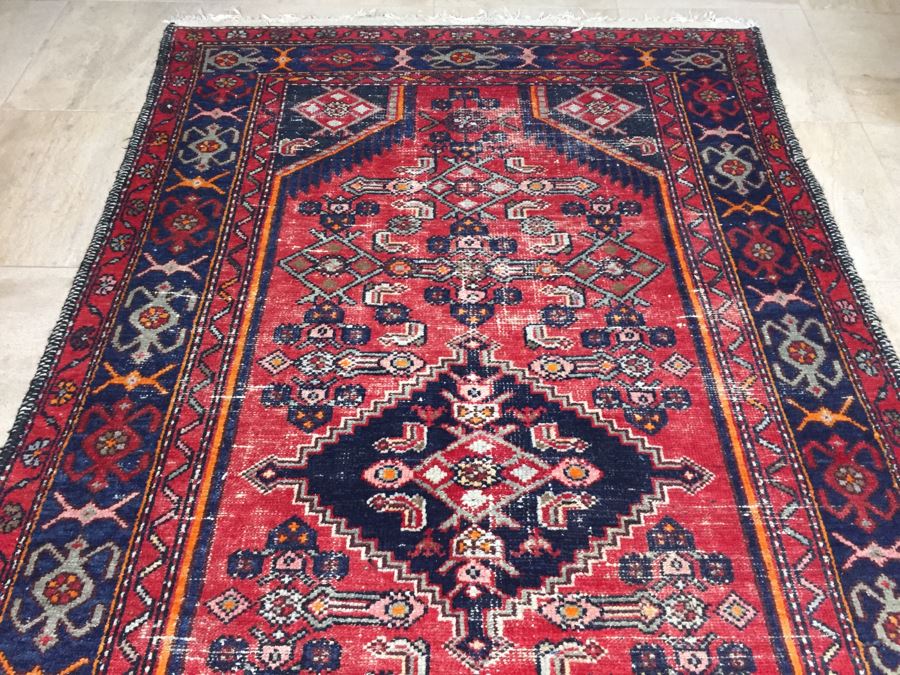 Hand Knotted Wool Persian Area Rug With Geometric Patterns Reds Blues [Photo 7]