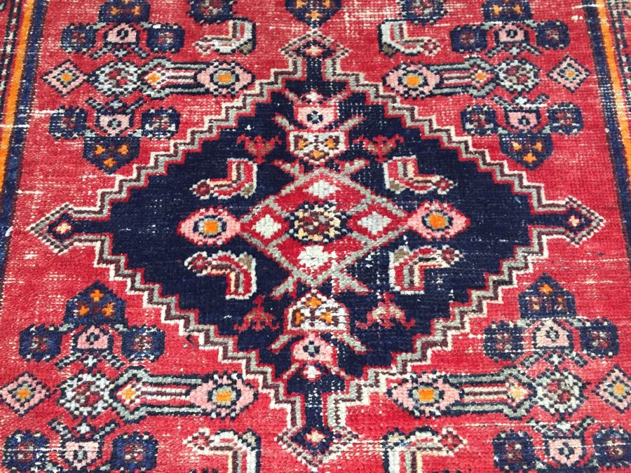 Hand Knotted Wool Persian Area Rug With Geometric Patterns Reds Blues [Photo 2]