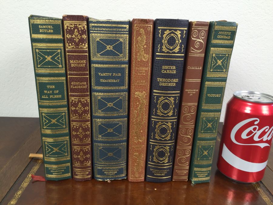 Set Of 7 Leather Bound International Collectors Library Books - Vanity Fair By William Makepeace Thackeray, Camille By Alexandre Dumas, Victory By Joseph Conrad And More [Photo 1]