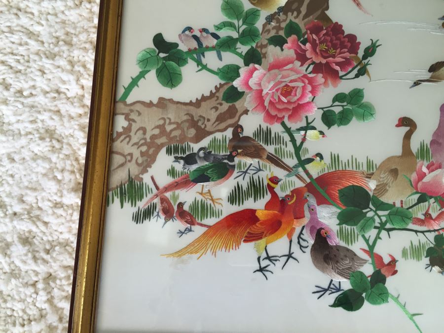 Stunning Chinese Silk Bird Embroidery Signed Artwork In Frame Apx 40' Tall [Photo 11]
