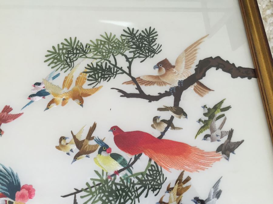 Stunning Chinese Silk Bird Embroidery Signed Artwork In Frame Apx 40' Tall [Photo 5]