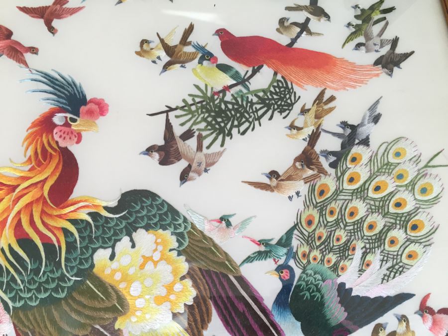 Stunning Chinese Silk Bird Embroidery Signed Artwork In Frame Apx 40' Tall [Photo 2]