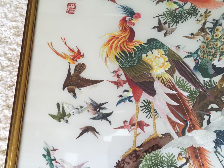 Stunning Chinese Silk Bird Embroidery Signed Artwork In Frame Apx 40' Tall [Photo 8]