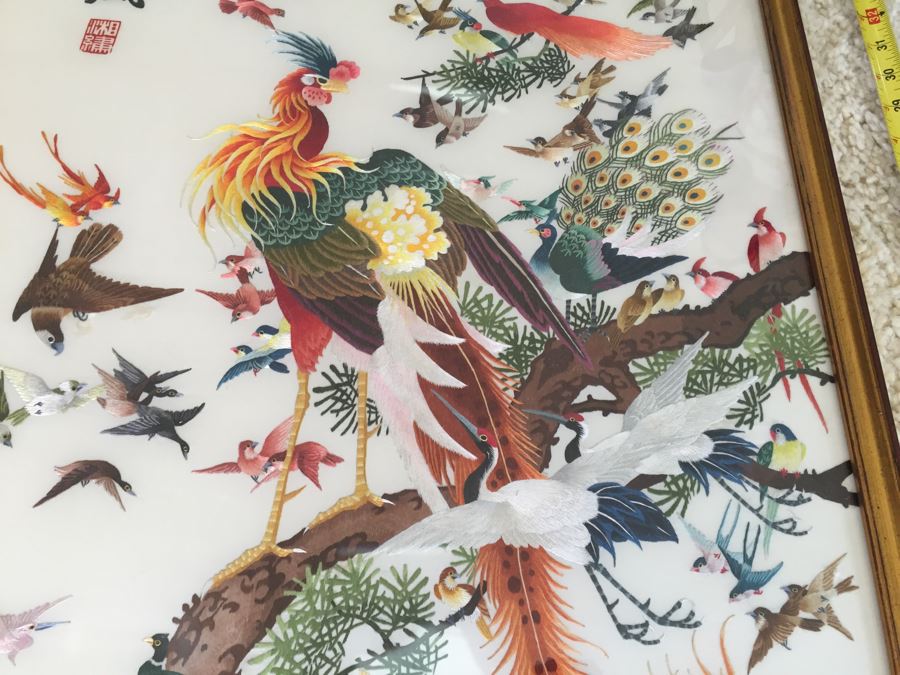 Stunning Chinese Silk Bird Embroidery Signed Artwork In Frame Apx 40' Tall [Photo 14]