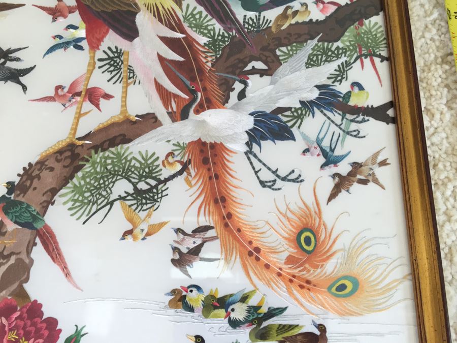 Stunning Chinese Silk Bird Embroidery Signed Artwork In Frame Apx 40' Tall [Photo 9]