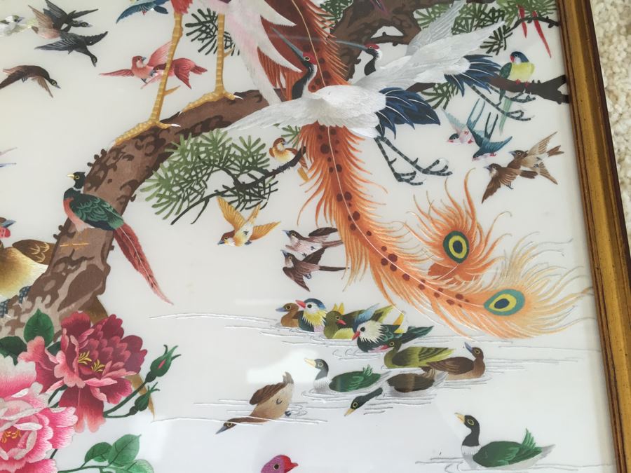 Stunning Chinese Silk Bird Embroidery Signed Artwork In Frame Apx 40' Tall [Photo 13]