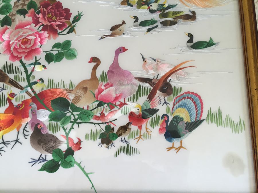 Stunning Chinese Silk Bird Embroidery Signed Artwork In Frame Apx 40' Tall [Photo 12]
