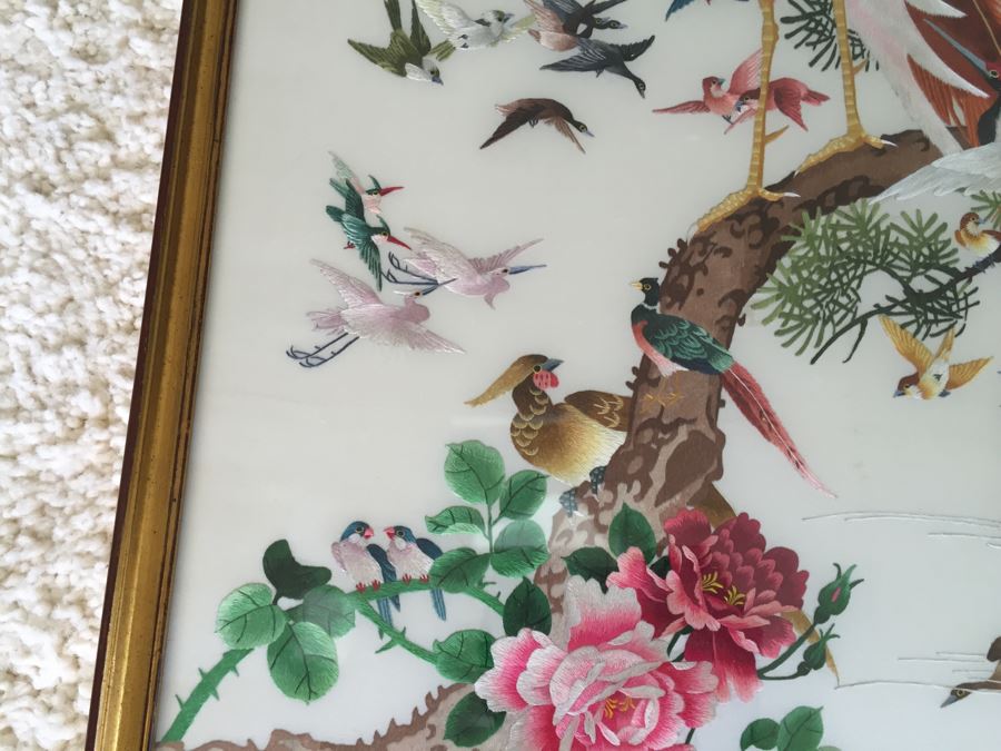 Stunning Chinese Silk Bird Embroidery Signed Artwork In Frame Apx 40' Tall [Photo 10]