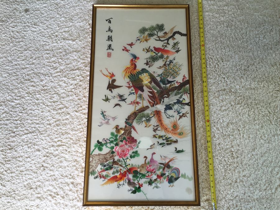 Stunning Chinese Silk Bird Embroidery Signed Artwork In Frame Apx 40' Tall [Photo 1]