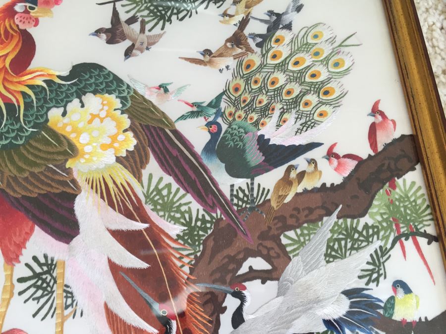 Stunning Chinese Silk Bird Embroidery Signed Artwork In Frame Apx 40' Tall [Photo 7]