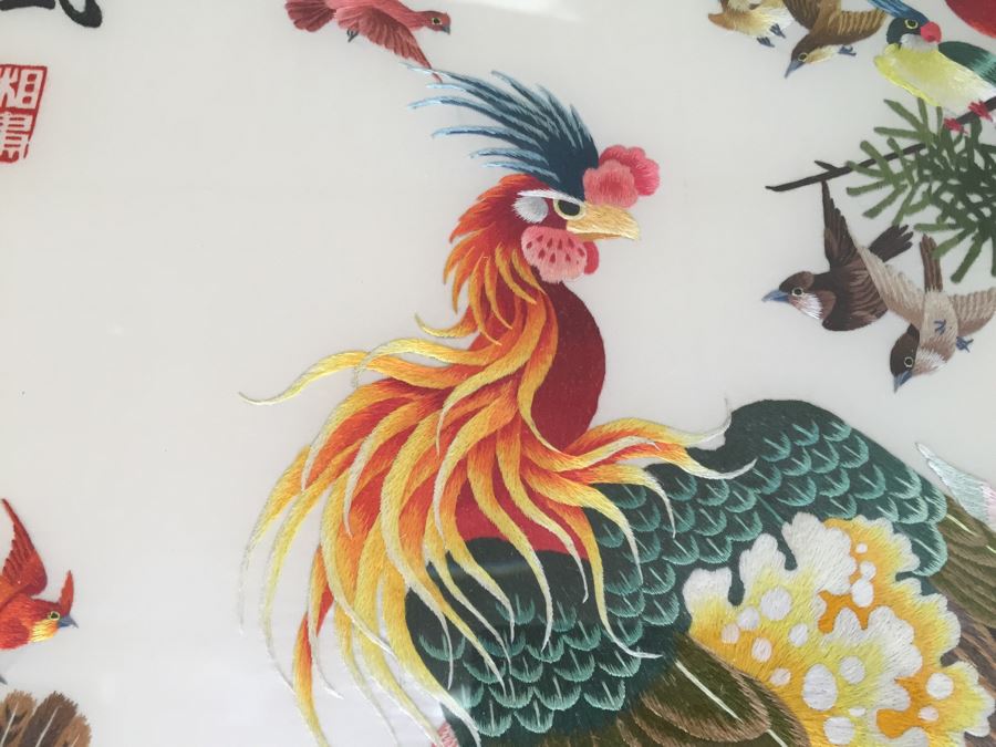 Stunning Chinese Silk Bird Embroidery Signed Artwork In Frame Apx 40' Tall [Photo 6]