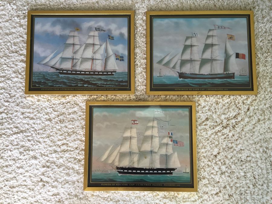 Set Of 3 Nautical Antique Ship Prints In Gold Frames