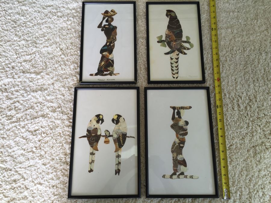 Set Of 4 African Real Butterfly Wing Collages Artwork - 2 Signed By Moses Michall