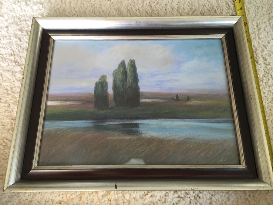 Original Framed Plein Air Pastel Painting Signed By Artist Signature Illegible