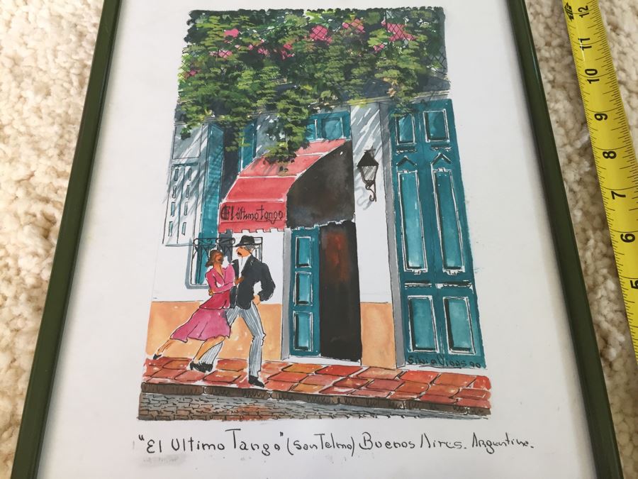 Framed Original Watercolor Titled 'Ultimo Tango' By Silvia Vivas Buenos Aires Argentina 1990 [Photo 2]