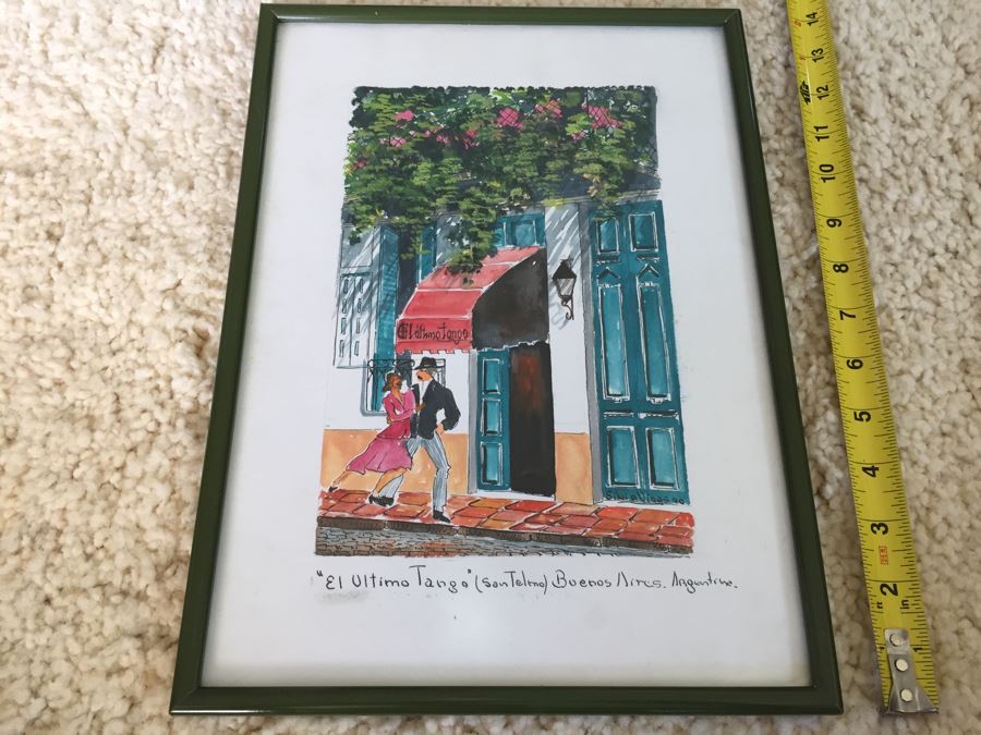 Framed Original Watercolor Titled 'Ultimo Tango' By Silvia Vivas Buenos Aires Argentina 1990