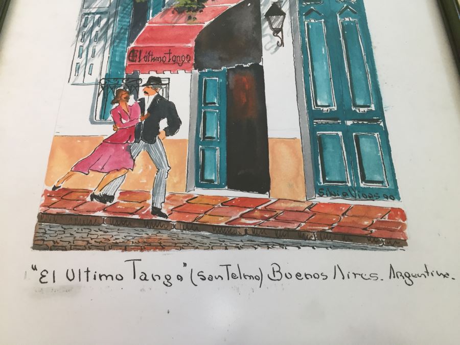 Framed Original Watercolor Titled 'Ultimo Tango' By Silvia Vivas Buenos Aires Argentina 1990 [Photo 8]