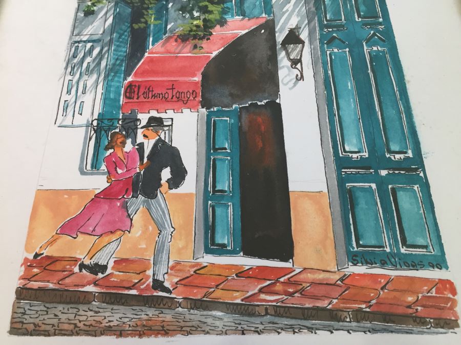 Framed Original Watercolor Titled 'Ultimo Tango' By Silvia Vivas Buenos Aires Argentina 1990 [Photo 6]