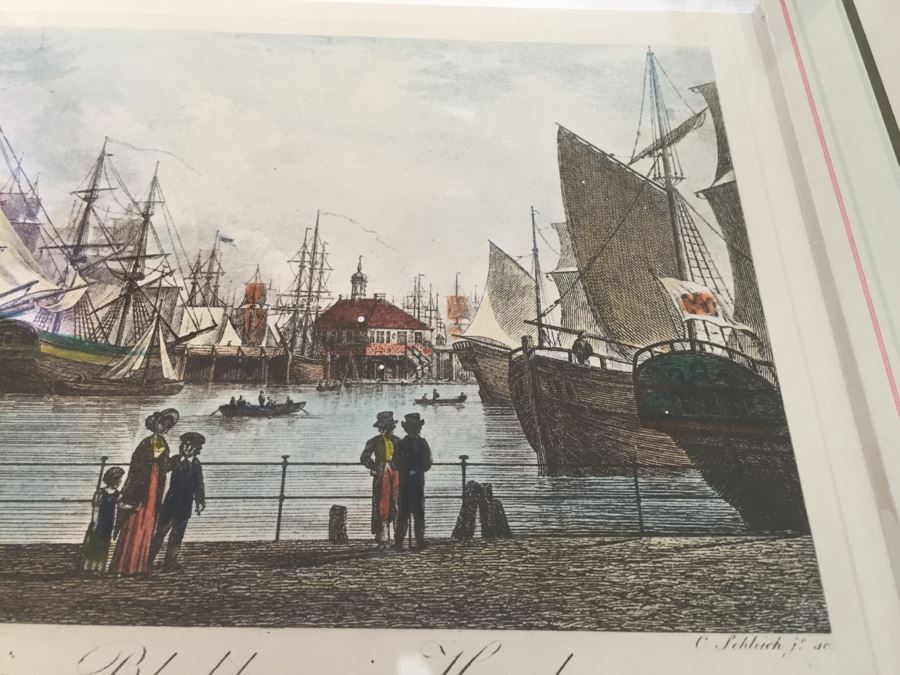 Vintage 1822 Lithograph Der Hafen Beim Blockhause In Hamburg Kupferstich Von C. Schleich Nach Radl. [Photo 8]
