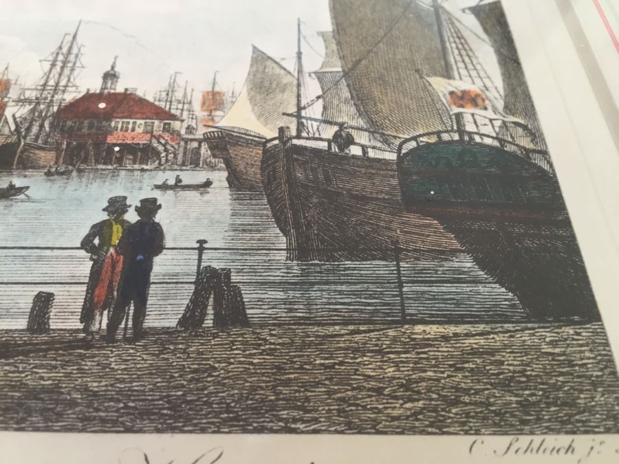 Vintage 1822 Lithograph Der Hafen Beim Blockhause In Hamburg Kupferstich Von C. Schleich Nach Radl. [Photo 14]