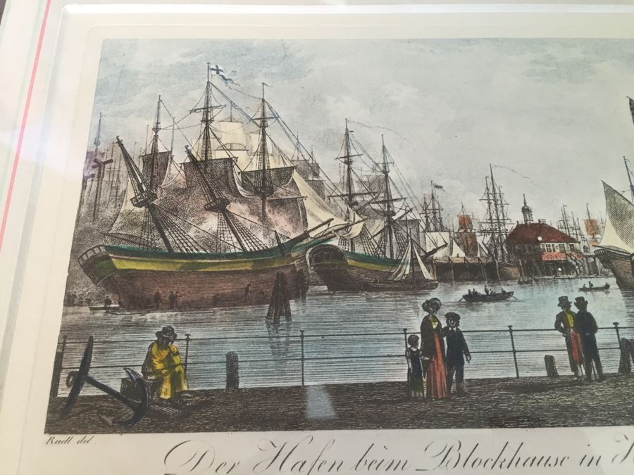Vintage 1822 Lithograph Der Hafen Beim Blockhause In Hamburg Kupferstich Von C. Schleich Nach Radl. [Photo 2]