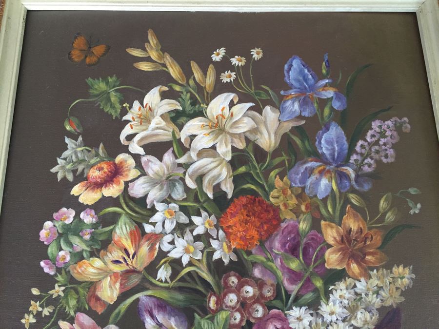 Nicely Framed Original Still Life Oil Painting Hand Signed By Artist Signature Illegible [Photo 5]