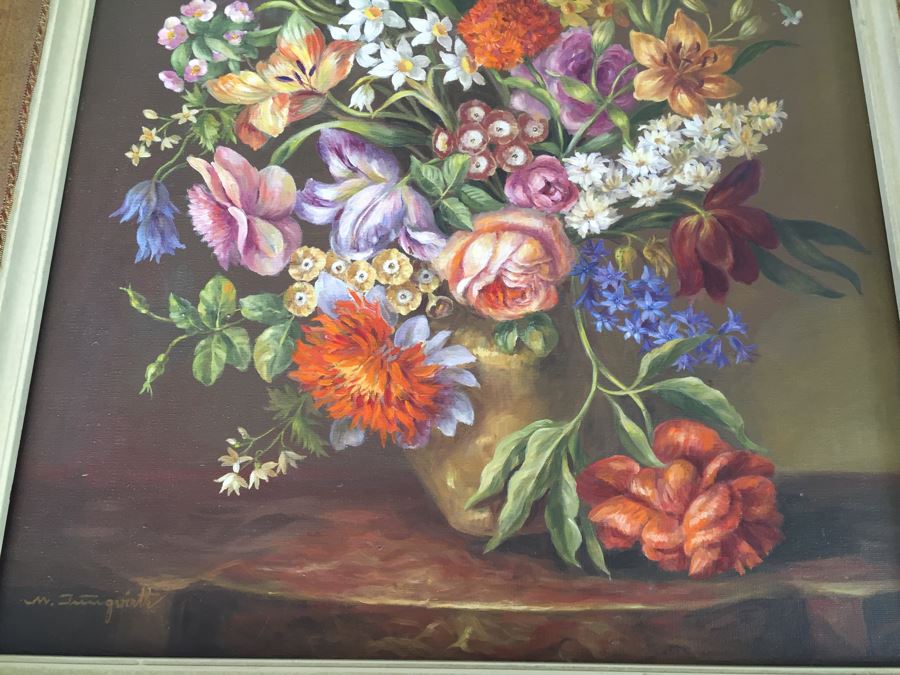 Nicely Framed Original Still Life Oil Painting Hand Signed By Artist Signature Illegible [Photo 7]