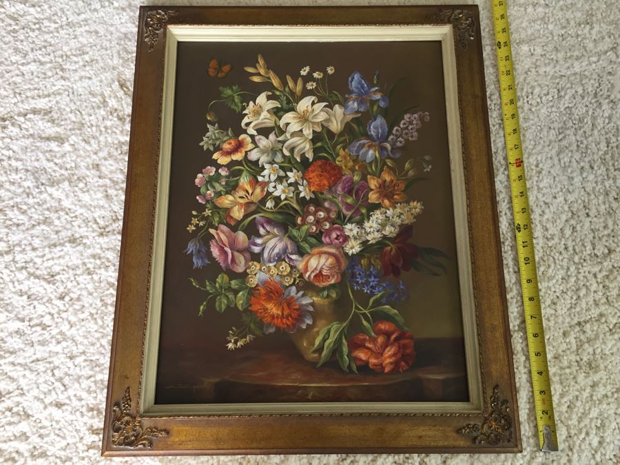 Nicely Framed Original Still Life Oil Painting Hand Signed By Artist Signature Illegible [Photo 1]