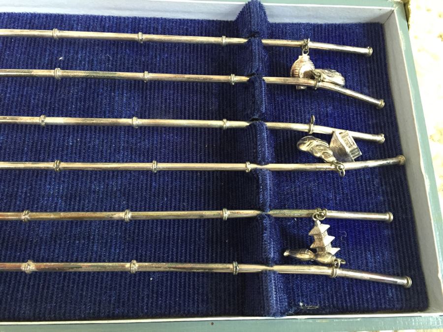 (6) Vintage 950 Sterling Silver Mint Julep Ice Tea Straw Spoons With Japanese Charms [Photo 6]
