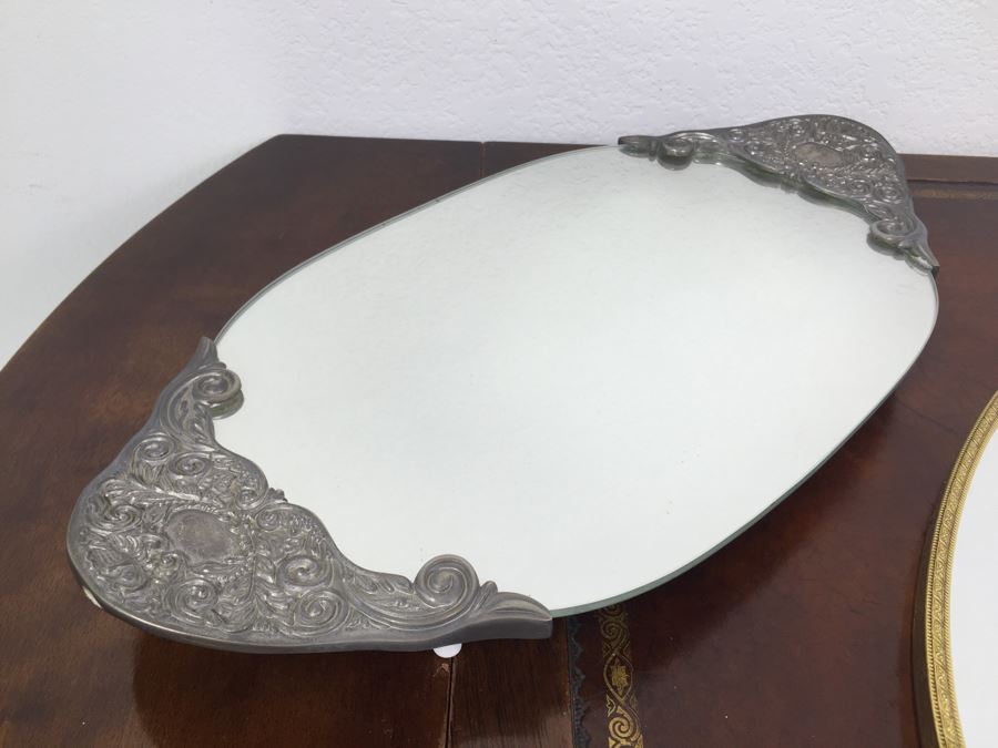 Pair Of Vintage Mirrored Tabletop Perfume Trays With Trinket Box And Small Hand Painted Cup [Photo 9]