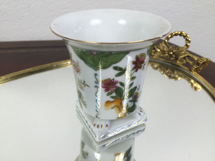 Pair Of Vintage Mirrored Tabletop Perfume Trays With Trinket Box And Small Hand Painted Cup [Photo 6]