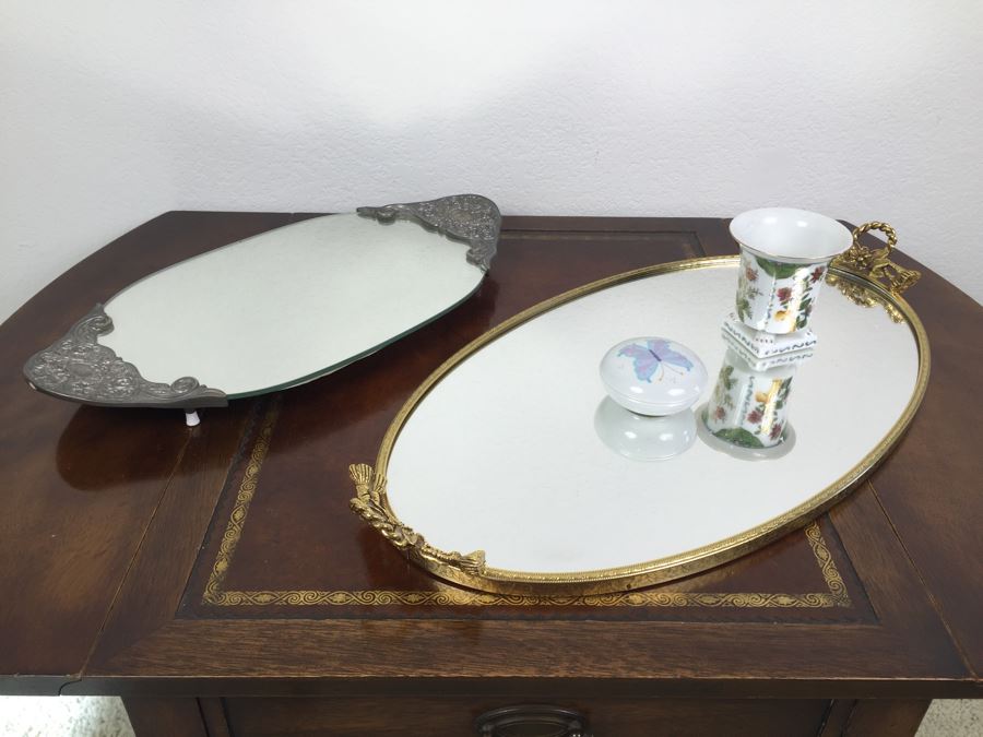 Pair Of Vintage Mirrored Tabletop Perfume Trays With Trinket Box And Small Hand Painted Cup [Photo 1]