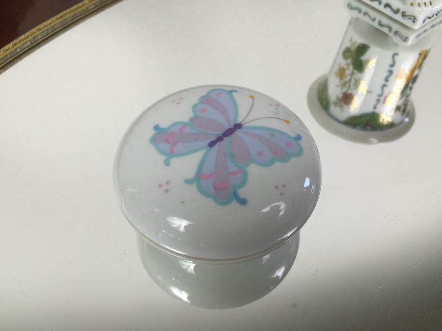 Pair Of Vintage Mirrored Tabletop Perfume Trays With Trinket Box And Small Hand Painted Cup [Photo 8]