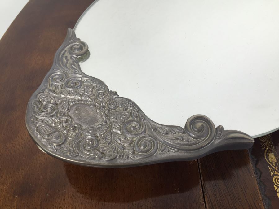 Pair Of Vintage Mirrored Tabletop Perfume Trays With Trinket Box And Small Hand Painted Cup [Photo 10]