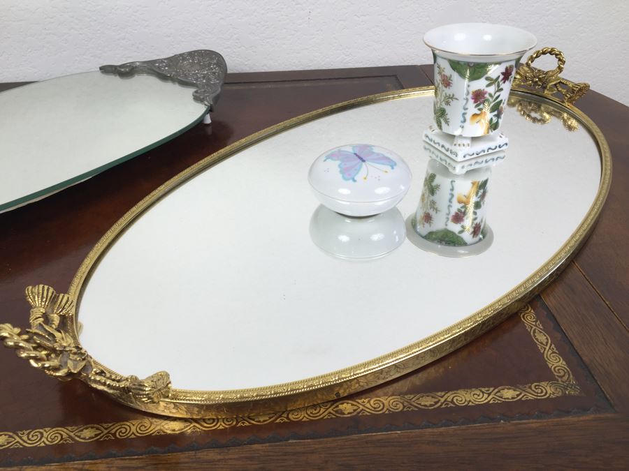 Pair Of Vintage Mirrored Tabletop Perfume Trays With Trinket Box And Small Hand Painted Cup [Photo 4]