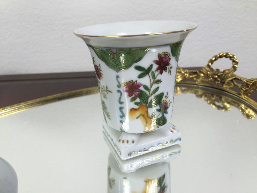 Pair Of Vintage Mirrored Tabletop Perfume Trays With Trinket Box And Small Hand Painted Cup [Photo 3]