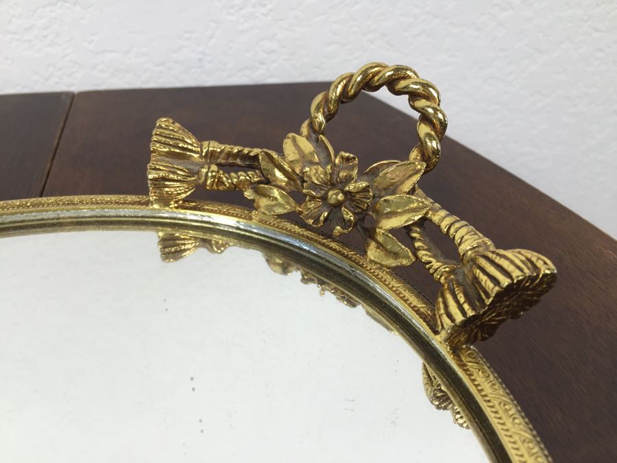 Pair Of Vintage Mirrored Tabletop Perfume Trays With Trinket Box And Small Hand Painted Cup [Photo 2]