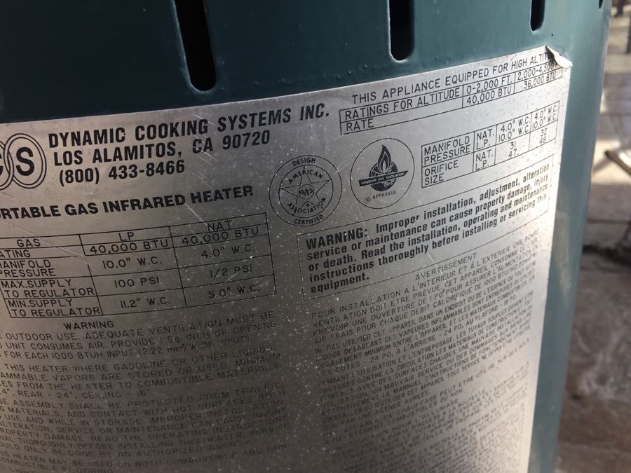 Dynamic Cooking Systems DCS Portable Gas Infrared Heater Model No DCS PH1 [Photo 9]