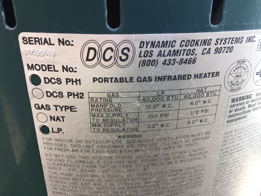Dynamic Cooking Systems DCS Portable Gas Infrared Heater Model No DCS PH1 [Photo 3]