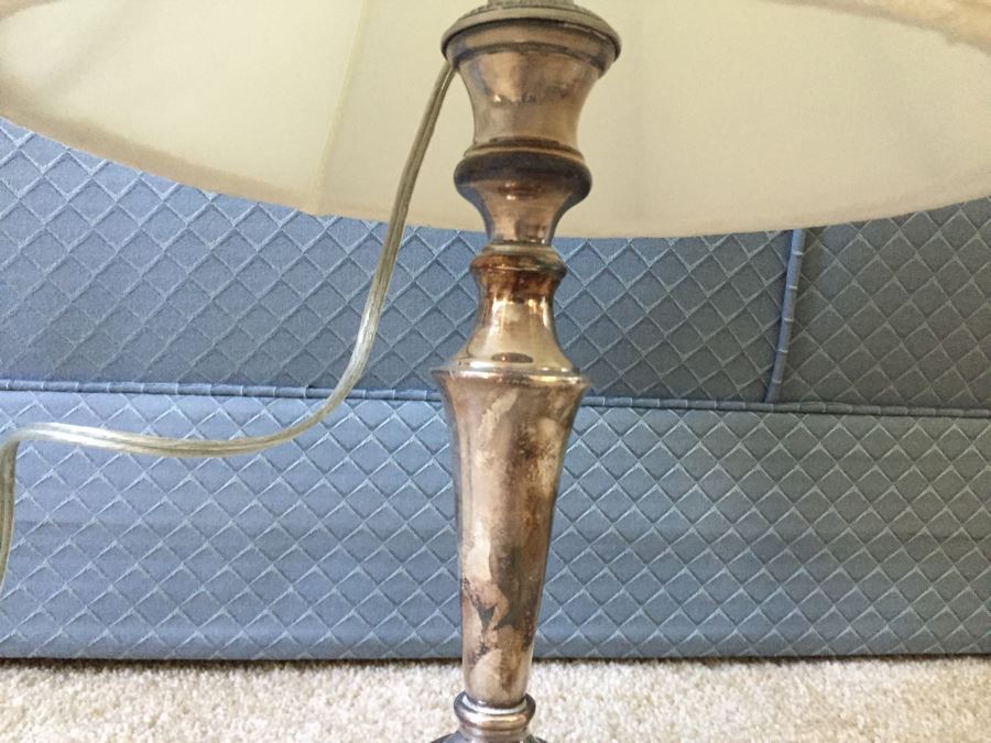 JUST ADDED - Harrowby Plate Silver On Copper Table Lamp With Shade Made In England [Photo 4]