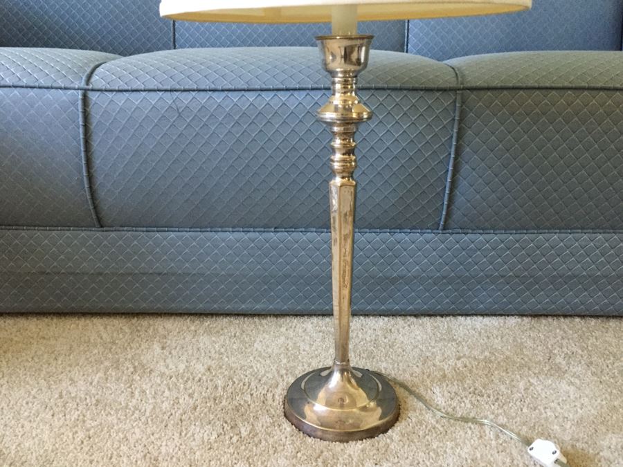 JUST ADDED - Silver Tone Table Lamp With White Shade [Photo 2]