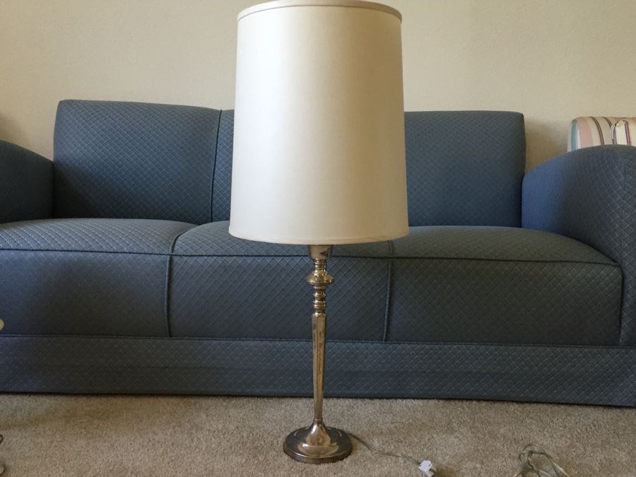 JUST ADDED - Silver Tone Table Lamp With White Shade [Photo 1]